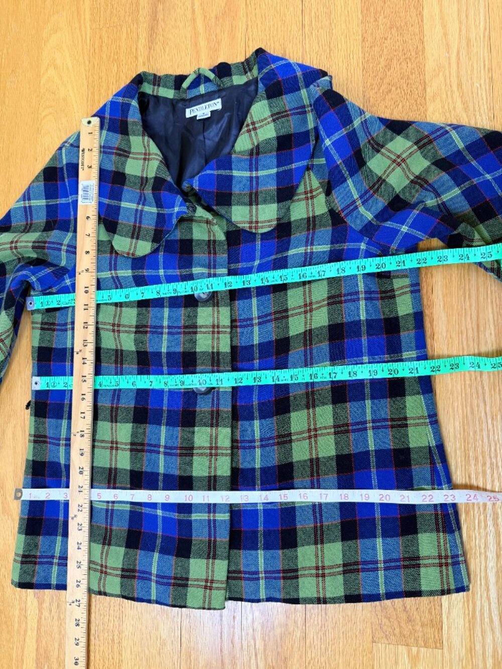 Pendleton Wool Plaid Jacket Green Cobalt Blue Wide Round Collar (16) - Picture 10 of 10